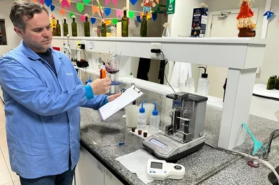Diretor técnico e enólogo-chefe da vinícola Nova Aliança, André Gasperin, no laboratório em testes do vinho desalcoolizado.<!-- NICAID(16082305) -->