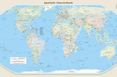 Equal Earth Projection, novo mapa múndi validado pela ONU em 4 de setembro de 2026, corrige distorções causadas pela projeção de Mercator e se aproxima dos tamanho reais dos países do mundo. Foto: Equal Earth Projection/Reprodução<!-- NICAID(16359718) -->