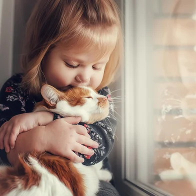Criança abraçada em um gato.*Fonte: 203294053<!-- NICAID(15747573) -->