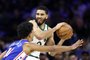 PHILADELPHIA, PENNSYLVANIA - NOVEMBER 15: Jayson Tatum #0 of the Boston Celtics is guarded by Jaden Springer #11 of the Philadelphia 76ers during the second quarter at the Wells Fargo Center on November 15, 2023 in Philadelphia, Pennsylvania. NOTE TO USER: User expressly acknowledges and agrees that, by downloading and or using this photograph, User is consenting to the terms and conditions of the Getty Images License Agreement.   Tim Nwachukwu/Getty Images/AFP (Photo by Tim Nwachukwu / GETTY IMAGES NORTH AMERICA / Getty Images via AFP)<!-- NICAID(15599074) -->