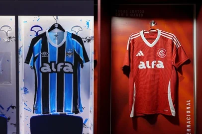 Reprodução / GZH Camisetas do Inter e do Grêmio, com destaque para o patrocínio de Alfa.