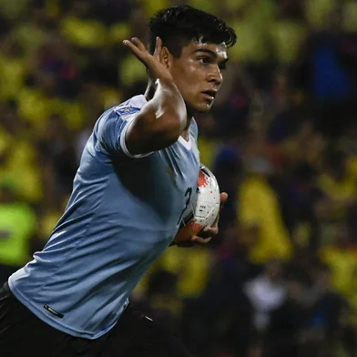 Uruguayan forward Matias Arezo celebrates after scoring against Argentina during their Under-23 South American Pre-Olympic Tournament football match at Alfonso Lopez stadium, Bucaramanga, Colombia on February 3, 2020. (Photo by Juan BARRETO / AFP)Editoria: SPOLocal: BucaramangaIndexador: JUAN BARRETOSecao: soccerFonte: AFPFotógrafo: STF<!-- NICAID(15810712) -->