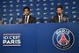 775694679Paris Saint-Germain's Qatari president Nasser Al-Khelaifi (L) and Argentinian football player Lionel Messi attend a press conference during the player's official unveiling at the French football club Paris Saint-Germain's (PSG) Parc des Princes stadium in Paris on August 11, 2021. - The 34-year-old superstar signed a two-year deal with PSG on August 10, 2021, with the option of an additional year, he will wear the number 30 in Paris, the number he had when he began his professional career at Spain's Barca football club. (Photo by STEPHANE DE SAKUTIN / AFP)Editoria: SPOLocal: ParisIndexador: STEPHANE DE SAKUTINSecao: soccerFonte: AFPFotógrafo: STF<!-- NICAID(14859529) -->