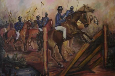 Representação dos lanceiros feita por um ateliê de arte negra no início dos anos 2000Batalha de Rio Pardo, de Marinei Silva, 2000.<!-- NICAID(16126249) -->