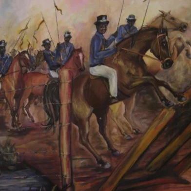 Representação dos lanceiros feita por um ateliê de arte negra no início dos anos 2000Batalha de Rio Pardo, de Marinei Silva, 2000.<!-- NICAID(16126249) -->