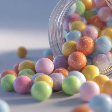 An enticing still life featuring a jar of pastel colored candies with a soft focus, spilling onto a white surface, creating a sweet and playful visual appeal.Fonte: 1449846964<!-- NICAID(16030962) -->