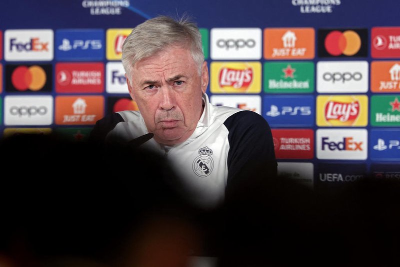 Real Madrid's coach Carlo Ancelotti answers to journalists during a press conference at Valdebebas Sport City in Madrid on November 7, 2023 on the eve of the UEFA Champions League group C football match between Real Madrid CF and SC Braga. (Photo by Thomas COEX / AFP)Editoria: SPOLocal: MadridIndexador: THOMAS COEXSecao: soccerFonte: AFPFotógrafo: STF<!-- NICAID(15602101) -->