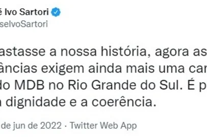 Tweet do ex-governador José Ivo Sartori sobre candidatura própria do MDB ao governo do Estado em 2022. <!-- NICAID(15125391) -->