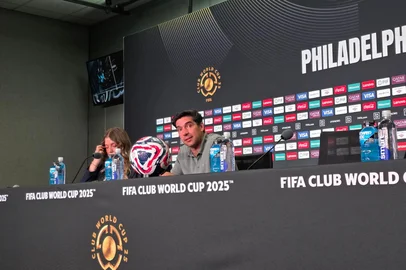 04/07/2025: Abel Ferreira, técnico do Palmeiras, concede entrevista após derrota parao Chelsea em partida das quartas de finais, válida pela Copa Mundo de Clubes<!-- NICAID(16074037) -->
