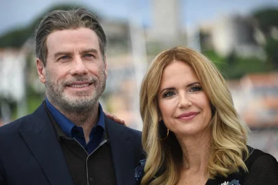 ator John Travolta e a esposa Kelly Preston no festival de Cannes, em 2018.<!-- NICAID(14543615) -->