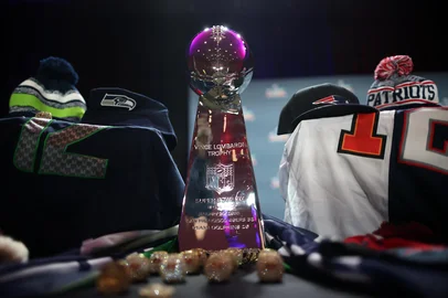 SAN FRANCISCO, CALIFORNIA - FEBRUARY 03: A detail view of items seized by the U.S. Customs and Border Protections Apparel, Footwear, and Textiles, Center of Excellence and Expertise are on display during a press conference for anti-counterfeiting prior to Super Bowl LX at Moscone Center on February 03, 2026 in San Francisco, California.   Chris Graythen/Getty Images/AFP (Photo by Chris Graythen / GETTY IMAGES NORTH AMERICA / Getty Images via AFP)<!-- NICAID(16220122) -->