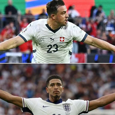 (COMBO) This combination of pictures created on July 3, 2024 shows (top) Switzerland's midfielder #23 Xherdan Shaqiri celebrates scoring his team's first goal during the UEFA Euro 2024 Group A football match between Scotland and Switzerland at the Cologne Stadium in Cologne on June 19, 2024 and England's midfielder #10 Jude Bellingham celebrates scoring his team's first goal during the UEFA Euro 2024 round of 16 football match between England and Slovakia at the Arena AufSchalke in Gelsenkirchen on June 30, 2024. England will play against Switzerland in a UEFA Euro 2024 quarter-final football match at the Duesseldorf Arena in Duesseldorf on July 6, 2024. (Photo by JAVIER SORIANO and Adrian DENNIS / AFP)<!-- NICAID(15807023) -->