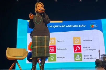 Secretária Raquel Teixeira fala para equipes diretivas em encontro estratégico da educação no Teatro Feevale<!-- NICAID(16100677) -->