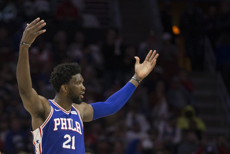 PHILADELPHIA, PA - OCTOBER 18: Joel Embiid #21 of the Philadelphia 76ers reacts against the Chicago Bulls at the Wells Fargo Center on October 18, 2018 in Philadelphia, Pennsylvania. NOTE TO USER: User expressly acknowledges and agrees that, by downloading and or using this photograph, User is consenting to the terms and conditions of the Getty Images License Agreement.   Mitchell Leff/Getty Images/AFP