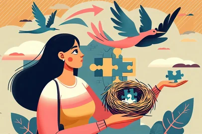 Woman holding empty nest and puzzle piece looking at flying birds leaving homeSíndrome do ninho vazioFonte: 1233393568<!-- NICAID(16030233) -->