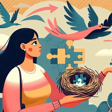 Woman holding empty nest and puzzle piece looking at flying birds leaving homeSíndrome do ninho vazioFonte: 1233393568<!-- NICAID(16030233) -->