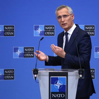 North Atlantic Treaty Organization (NATO) Secretary General Jens Stoltenberg gestures as he speaks during a press conference following a NATO Defence Ministers' meeting at the NATO headquarters in Brussels, Belgium on June 16, 2022. (Photo by Valeria Mongelli / AFP)<!-- NICAID(15127430) -->