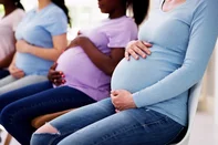 Pregnant Woman Group In Row. Young MothersFonte: 611674252<!-- NICAID(16038657) -->