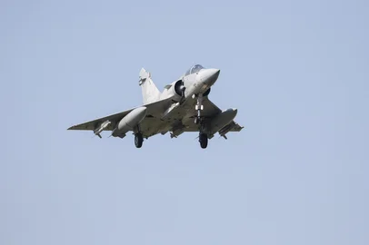 A Taiwanese Air Force Mirage 2000 fighter jet prepares to land at an air force base in Hsinchu on October 14, 2024. China deployed planes and ships to encircle Taiwan on October 14, in drills Beijing said were aimed at sending a "stern warning" to "separatist" forces on the self-ruled island. (Photo by I-Hwa CHENG / AFP)<!-- NICAID(15890149) -->