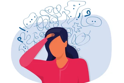 woman suffers from obsessive thoughts; headache; unresolved issues; psychological trauma; depression.Mental stress panic mind disorder illustration Flat vector illustration.Fonte: 453398294<!-- NICAID(15859195) -->