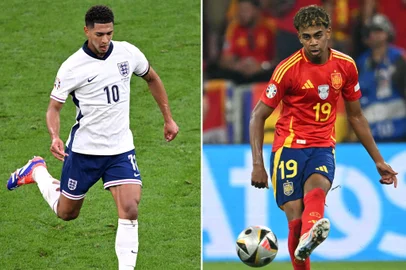 (COMBO) This combination of pictures created on July 12, 2024 shows England's midfielder #10 Jude Bellingham (L) during the UEFA Euro 2024 semi-final football match between the Netherlands and England at the BVB Stadion in Dortmund on July 10, 2024; and Spain's forward #19 Lamine Yamal during the UEFA Euro 2024 semi-final football match between Spain and France at the Munich Football Arena in Munich on July 9, 2024. Spain faces England during the UEFA Euro 2024 final football match at the Olympiastadion in Berlin on July 14, 2024. (Photo by Fabrice COFFRINI and Kirill KUDRYAVTSEV / AFP)<!-- NICAID(15812592) -->