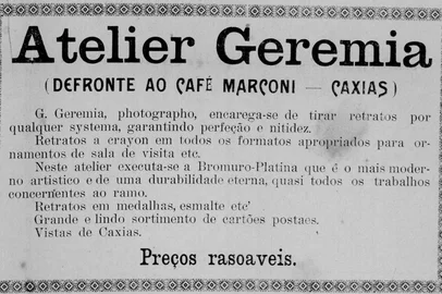 Anúncio do Atelier Geremia publicado em 9 de dezembro de 1911 no jornal Cidade de Caxias.<!-- NICAID(15883772) -->
