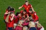 Spain's players celebrate their team's second goal during the Australia and New Zealand 2023 Women's World Cup semi-final football match between Spain and Sweden at Eden Park in Auckland on August 15, 2023. (Photo by Saeed KHAN / AFP)<!-- NICAID(15510414) -->