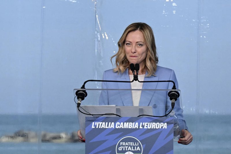 Italy's Prime Minister, Giorgia Meloni delivers a speech during the campaign meeting of the far-right party Fratelli d'Italia (Brothers of Italy) ahead of the European Elections, on April 28, 2024 in Pescara. (Photo by Tiziana FABI / AFP)<!-- NICAID(15747286) -->