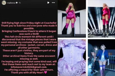 Figurinos icônicos usados por Madonna durante sua participação no Coachella desapareceram do camarim. Em uma publicação no Instagram, a cantora norte-americana anunciou uma recompensa pela devolução do acervo, que inclui jaqueta, corset, vestido e outros itens da mesma de valor afetivo e histórico.<!-- NICAID(16270653) -->