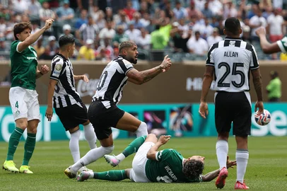 Palmeiras' Colombian midfielder #08 Richard Rios (bottom) is fouled by Botafogo's Argentine defender #20 Alexander Barboza during the FIFA Club World Cup 2025 round of 16 all-Brazilian football match between Palmeiras and Botafogo at Lincoln Financial Field Stadium in Philadelphia on June 28, 2025. (Photo by FRANCK FIFE / AFP)<!-- NICAID(16069562) -->
