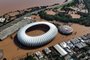 Aerial view of the flooded Beira-Rio stadium of the Brazilian football team Internacional in Porto Alegre, Rio Grande do Sul state, Brazil, on May 7, 2024. Since the unprecedented deluge started last week, at least 85 people have died and more than 150,000 were ejected from their homes by floods and mudslides in Rio Grande do Sul state, authorities said. (Photo by ANSELMO CUNHA / AFP)<!-- NICAID(15759105) -->
