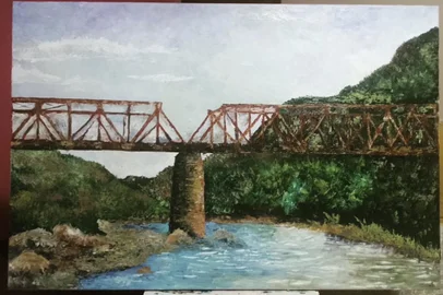 Artista visual Martina Tessaro, de Nova Roma do Sul, está leiloando uma tela em que ela pintou a ponte que a enxurrada levou. A obra está sendo leiloada para arrecadar fundos para doar a quem mais precisa nessa tragédia<!-- NICAID(15534398) -->