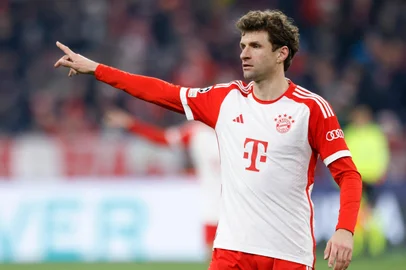 Bayern Munich's German forward #25 Thomas Mueller reacts during the UEFA Champions League Group A football match between Bayern Munich and FC Copenhagen in Munich, on November 29, 2023. (Photo by MICHAELA REHLE / AFP)Editoria: SPOLocal: MunichIndexador: MICHAELA REHLESecao: soccerFonte: AFPFotógrafo: STR<!-- NICAID(15613335) -->