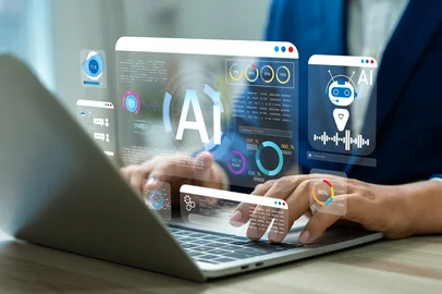 Businessman use artificial intelligence AI technology for enhanced work efficiency data analysis and efficient tools, Unlocking work potential with AI solutions chatbot help solve work problems.<!-- NICAID(16055534) -->