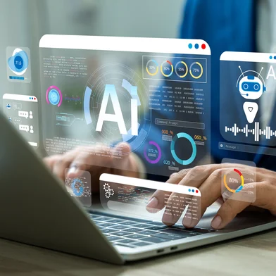Businessman use artificial intelligence AI technology for enhanced work efficiency data analysis and efficient tools, Unlocking work potential with AI solutions chatbot help solve work problems.<!-- NICAID(16055534) -->