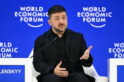 Ukraine's President Volodymyr Zelensky speaks during the World Economic Forum (WEF) annual meeting in Davos on January 22, 2026. The World Economic Forum takes place in Davos from January 19 to January 23, 2026. (Photo by Fabrice COFFRINI / AFP)<!-- NICAID(16209457) -->