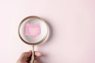 Magnifier focus to stomach with intestine virtual icon, probiotics food for gut health, intestine cancer, bowel inflammatory. Healthy care concept.Intestino - Foto: Kiattisak/stock.adobe.comIndexador: Magnifier focus to stomach with Fonte: 611416501Fotógrafo: Magnifier focus to stomach with <!-- NICAID(15757748) -->
