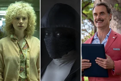 HBO Max / Divulgação Montagem para a coluna do Ticiano Osório. Três personagens de Chernobyl, Watchmen e The White Lotus dividem a tela<!-- NICAID(15777212) -->