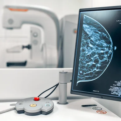 Mammogram snapshot of breasts of a female patient on the monitor with undergoing mammography test on the background. Mammography test at the hospital. Medical equipment.Fonte: 425085249<!-- NICAID(16152577) -->