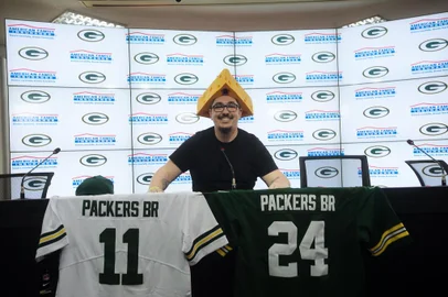 Marcus Rovere torcedor do Packers durante coletiva do quarterback Jordan Love<!-- NICAID(15859727) -->