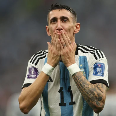Argentina's midfielder #11 Angel Di Maria celebrates scoring his team's second goal during the Qatar 2022 World Cup final football match between Argentina and France at Lusail Stadium in Lusail, north of Doha on December 18, 2022. (Photo by Adrian DENNIS / AFP)Editoria: SPOLocal: DohaIndexador: ADRIAN DENNISSecao: soccerFonte: AFPFotógrafo: STF<!-- NICAID(15298475) -->
