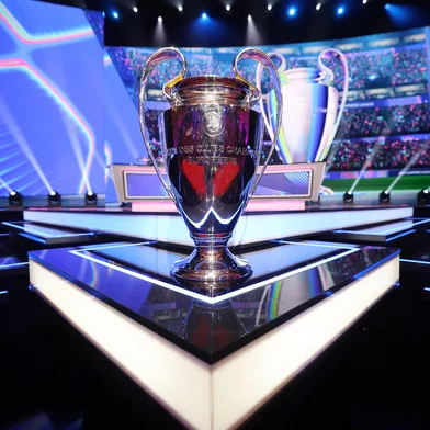 This photograph shows the UEFA Champions League trophy before the draw ceremony for the league phase of the 2026-2027 UEFA Champions League football tournament at the Grimaldi Forum in the Principality of Monaco on August 27, 2026. (Photo by Valery HACHE / AFP)<!-- NICAID(16353812) -->