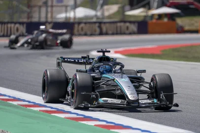 Mercedes' British driver George Russell takes part in the first practice session at the Circuit de Catalunya ahead of the Catalonia Formula One Grand Prix in Montmelo, on the outskirts of Barcelona on June 12, 2026. (Photo by Manaure Quintero / AFP)<!-- NICAID(16305016) -->