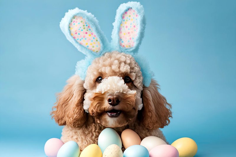 Cute dog in front of easter eggs and flowers.Cute dog in front of easter eggs and flowers. Ai generativeFonte: 576299567<!-- NICAID(15713427) -->
