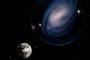 Uma representação artística da galáxia espiral barrada ceers-2112, observada no universo primitivo. A Terra é refletida numa bolha ilusória que rodeia a galáxia, relembrando a ligação entre a Via Láctea e o ceers-2112. (Crédito da imagem: Luca Costantin (CAB/CSIC-INTA/Divulgação))<!-- NICAID(15598993) -->