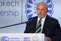 Brazilian president-elect Luiz Inacio Lula da Silva speaks during the COP27 climate conference in Egypt's Red Sea resort city of Sharm el-Sheikh on November 16, 2022. (Photo by AHMAD GHARABLI / AFP)Editoria: SCILocal: Sharm el SheikhIndexador: AHMAD GHARABLISecao: weather scienceFonte: AFPFotógrafo: STF<!-- NICAID(15266851) -->