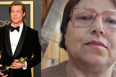 Brad Pitt (E), com um Oscar, e dona Maria (D), vítima de um golpe por ter conversado com um falso Brad Pitt. Foto: FREDERIC J. BROWN / AFP E ARQUIVO PESSOAL<!-- NICAID(16199319) -->