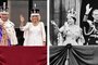 This combination of photographs created on May 6, 2023 shows Britain's King Charles III wearing the Imperial state Crown, and Britain's Queen Camilla wearing a modified version of Queen Mary's Crown waving from the Buckingham Palace balcony after viewing the Royal Air Force fly-past in central London on May 6, 2023, after their coronations (L) and Queen Elizabeth II of Great Britain (L) accompanied by her husband Prince Philip, Duke of Edinburgh (R) waving to the crowd from the Buckingham Palace balcony, in London, on June 2, 1953, after being crowned at Westminter Abbey. - The set-piece coronation is the first in Britain in 70 years, and only the second in history to be televised. Charles will be the 40th reigning monarch to be crowned at the central London church since King William I in 1066. (Photo by Oli SCARFF / various sources / AFP)<!-- NICAID(15421695) -->