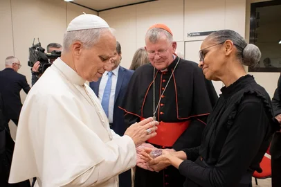 Encontro do Papa Leão XIV, Dom Jaime Spengler e ministra do Meio Ambiente, Marina Silva, durante a conferência Raising Hope on Climate Change<!-- NICAID(16138093) -->