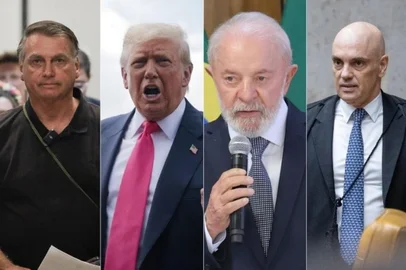 Montagem de Jair Bolsonaro, Donald Trump, Lula e Alexandre de Moraes<!-- NICAID(16088235) -->